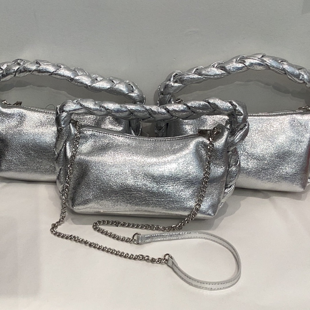 Silver Hand Bag W/Braided Handle