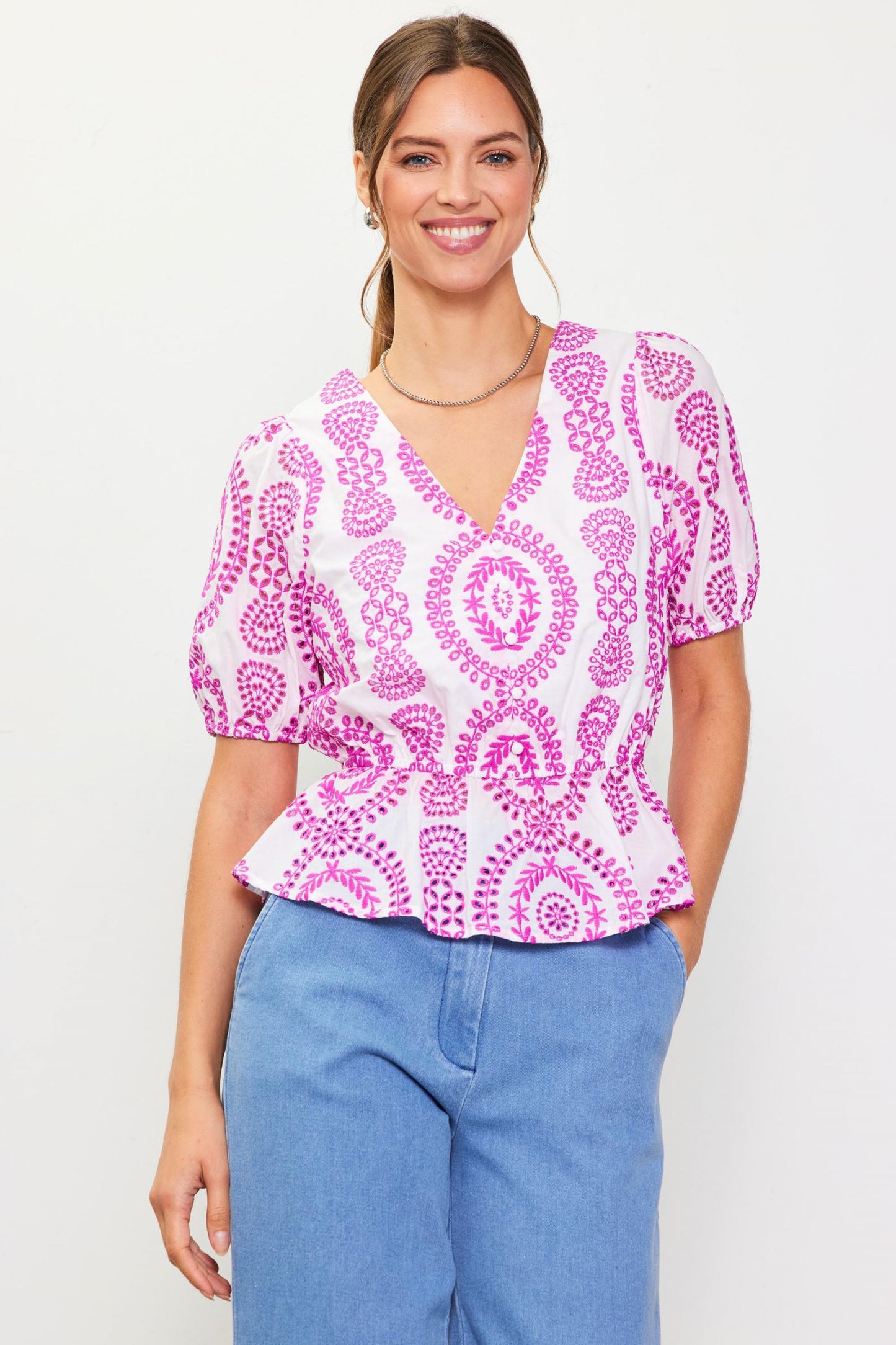 Embroidered White Rose Violet Top