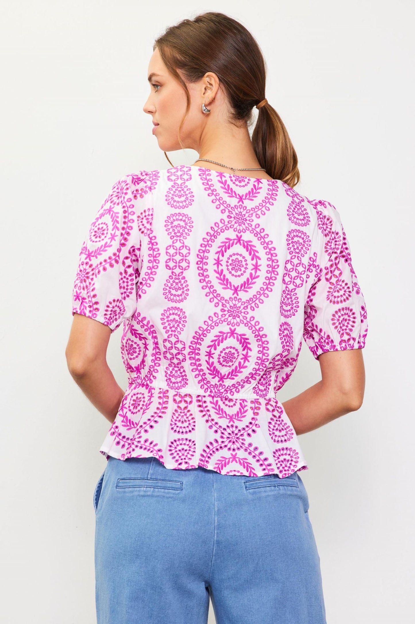 Embroidered White Rose Violet Top