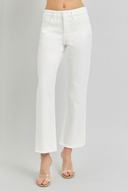 TC Mid Rise Crop Straight Fray Hem Pants - White