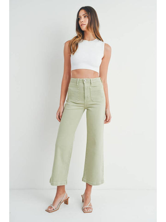 Patch Pocket Wide Leg High Rise-Light Sage