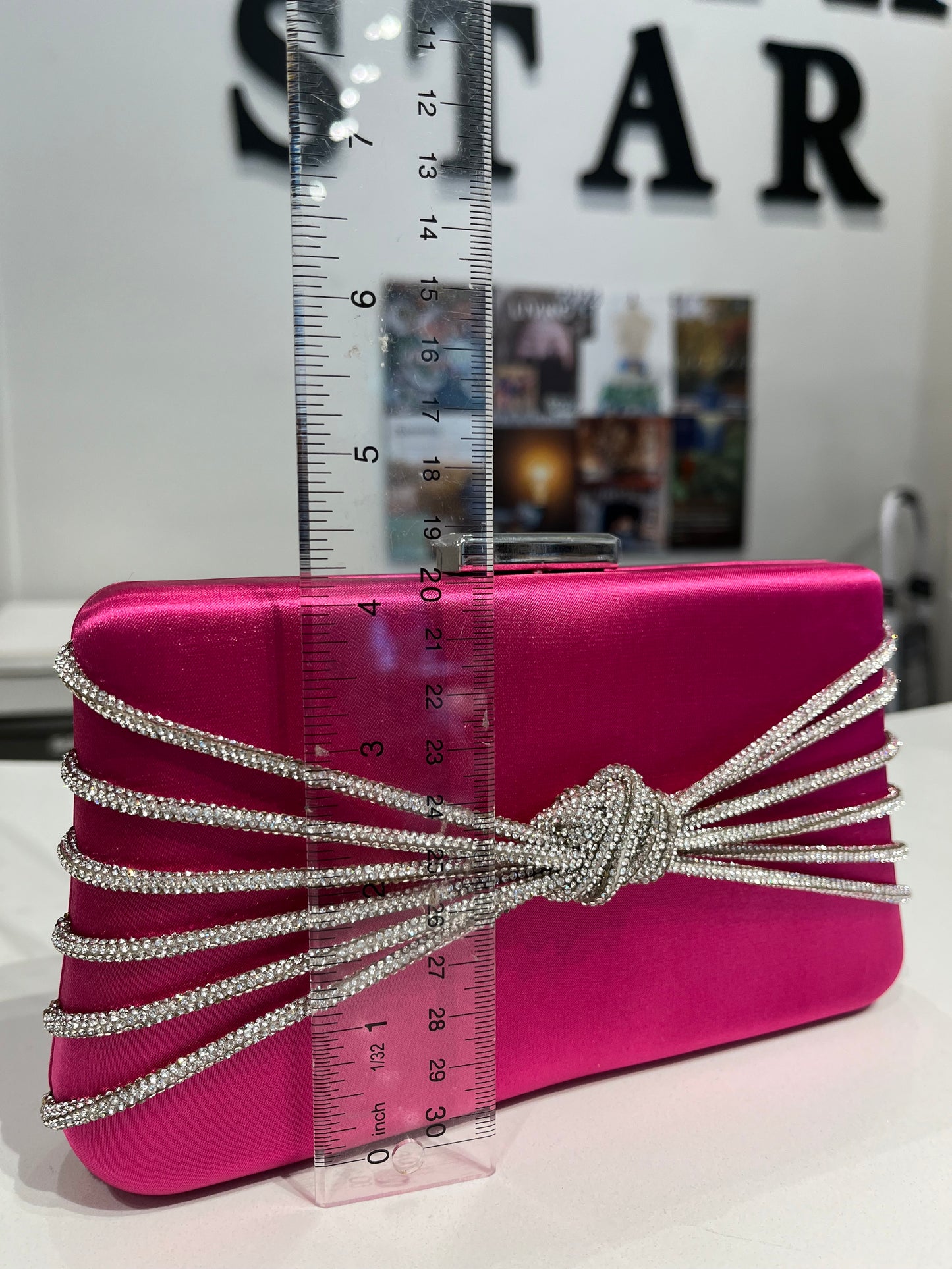 Knotted Rhinestone Satin Clutch- Fuchsia