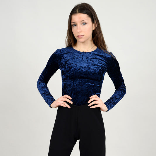 Bodysuit Crushed Velvet-High Crew Neck Navy