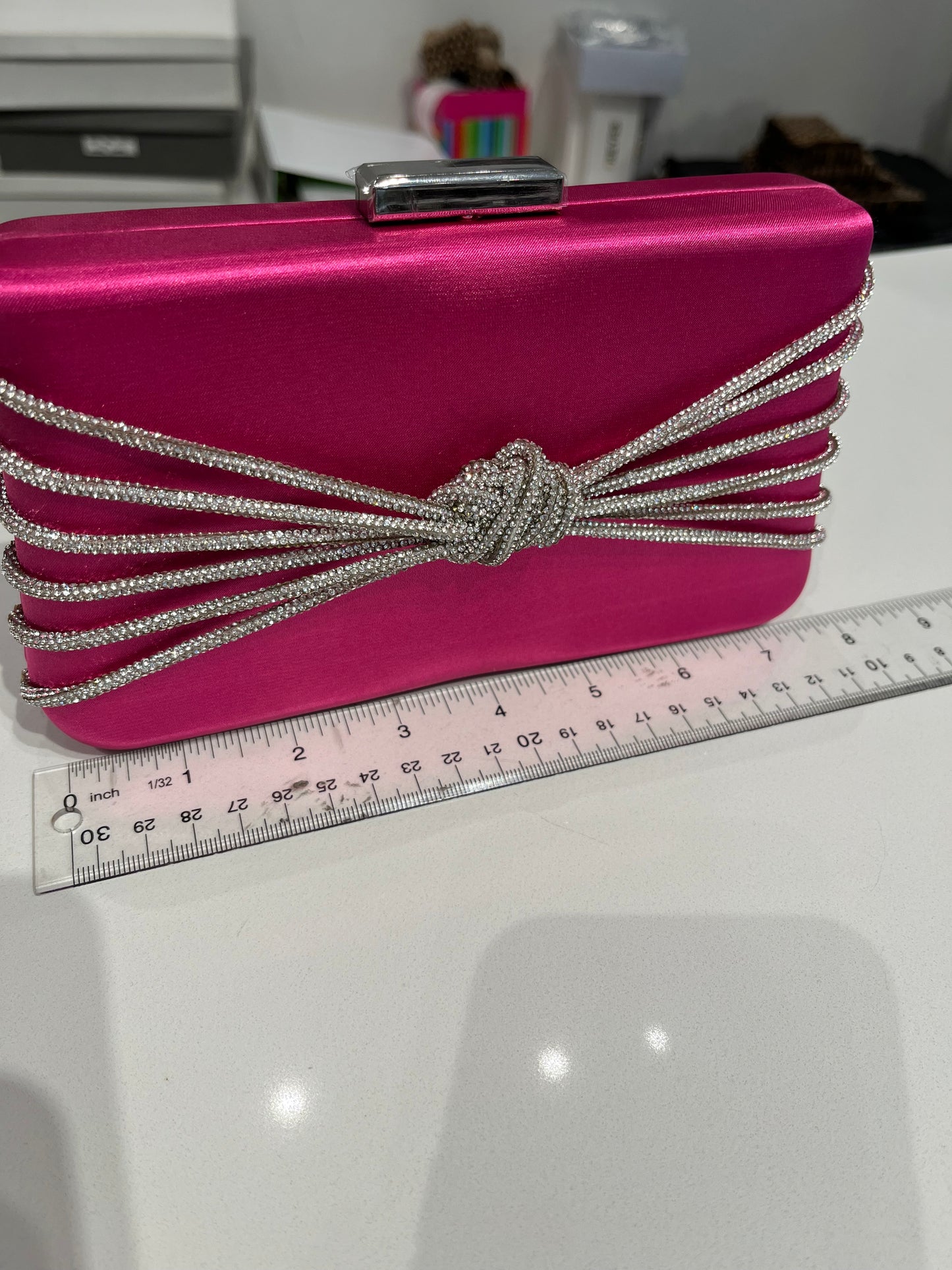 Knotted Rhinestone Satin Clutch- Fuchsia