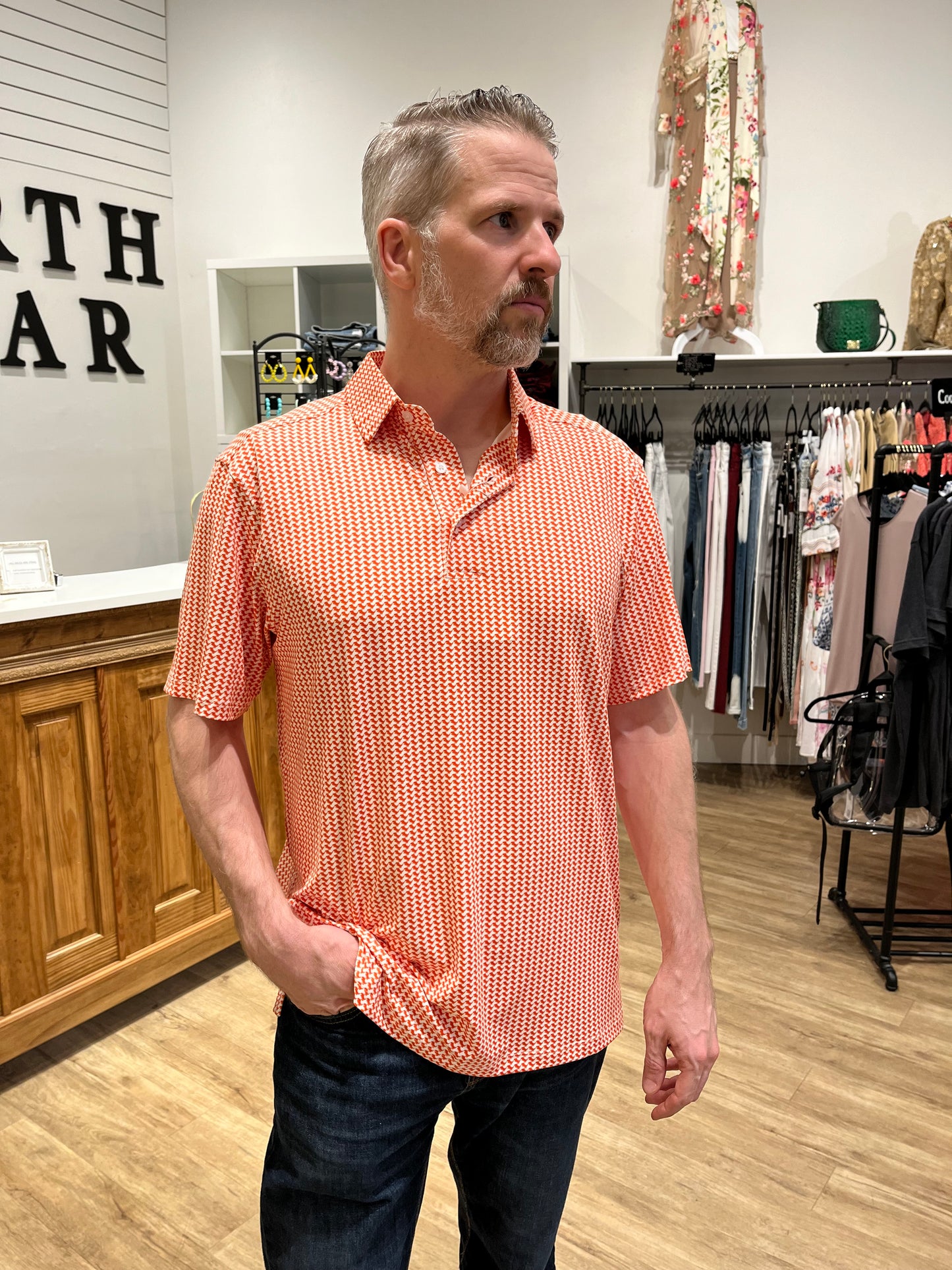 Men’s Beau Polo- Orange Dinosaurs