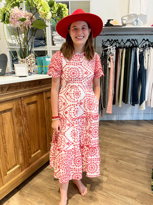 Embroidered White/Red Midi Dress