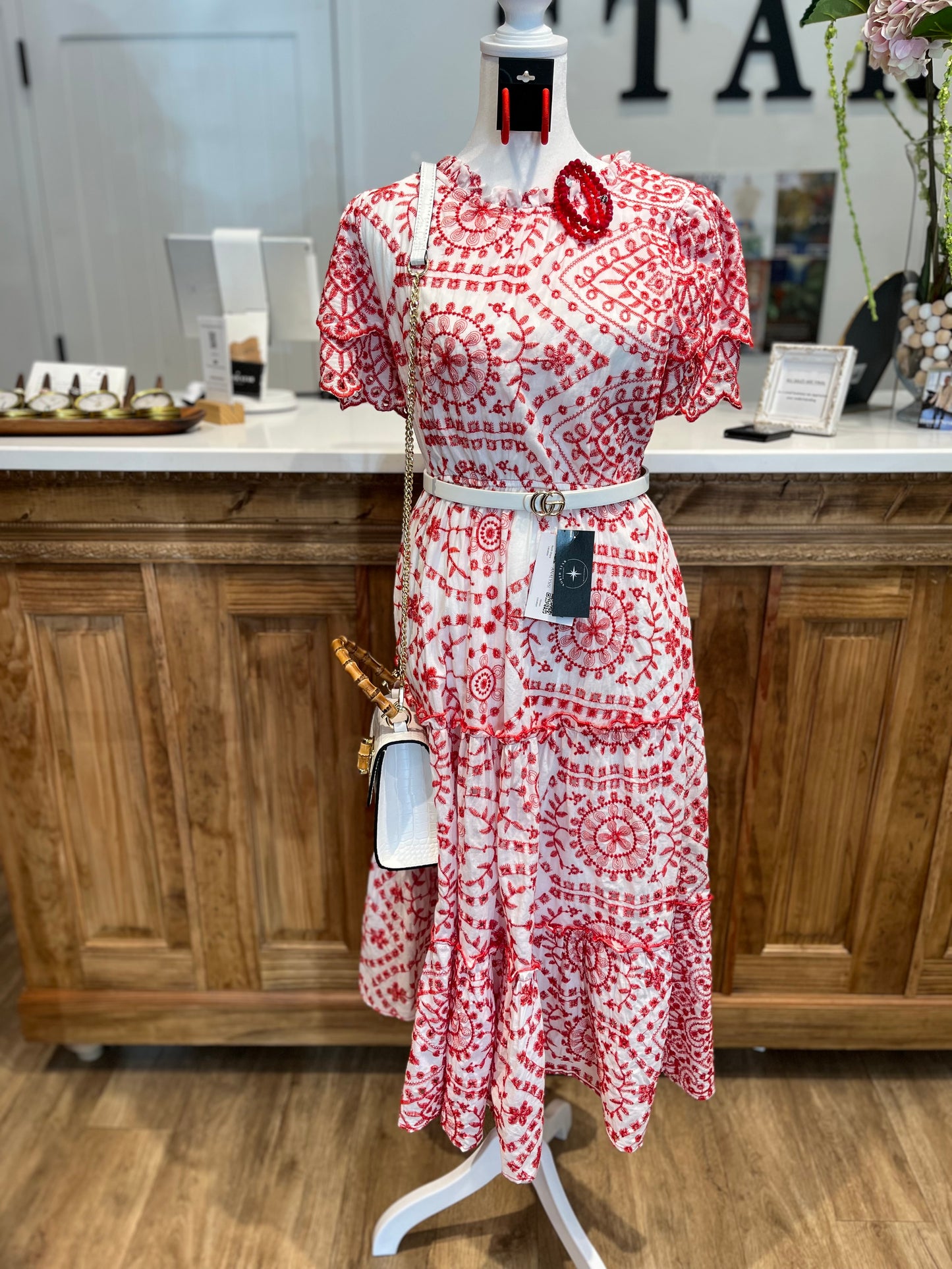 Embroidered White/Red Midi Dress