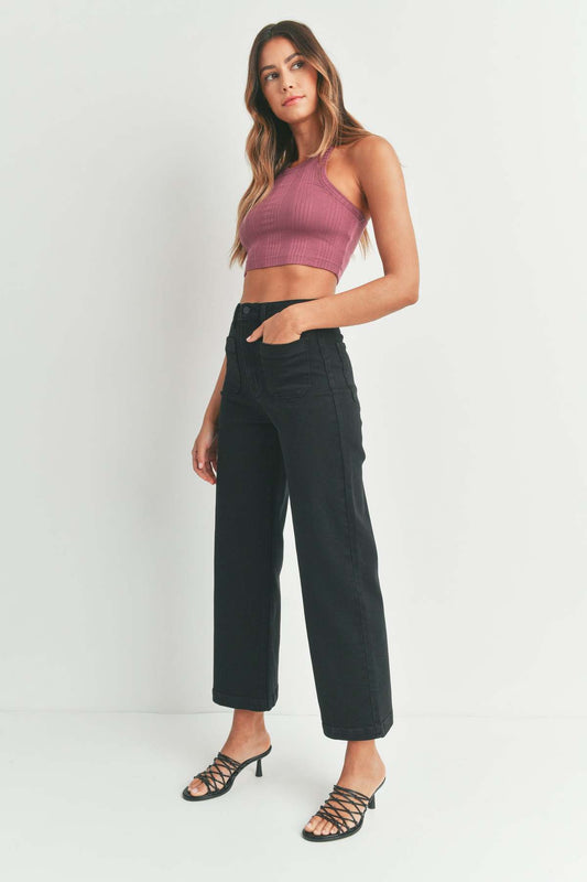 Patch Pocket Wide Leg High Rise-Black