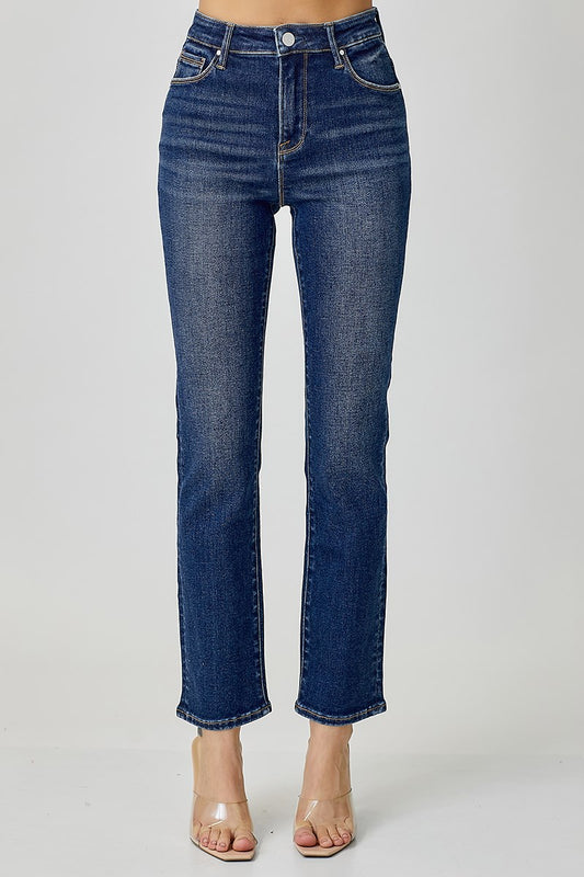 Mid Rise Ankle Straight Slim Jeans - Dark