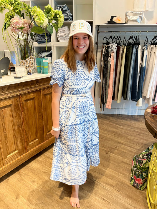 Embroidered White/Blue Midi Dress