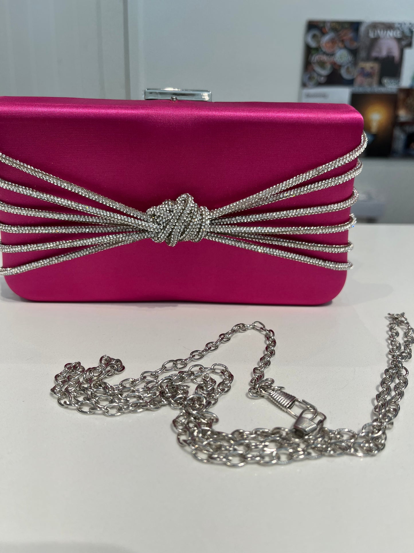 Knotted Rhinestone Satin Clutch- Fuchsia