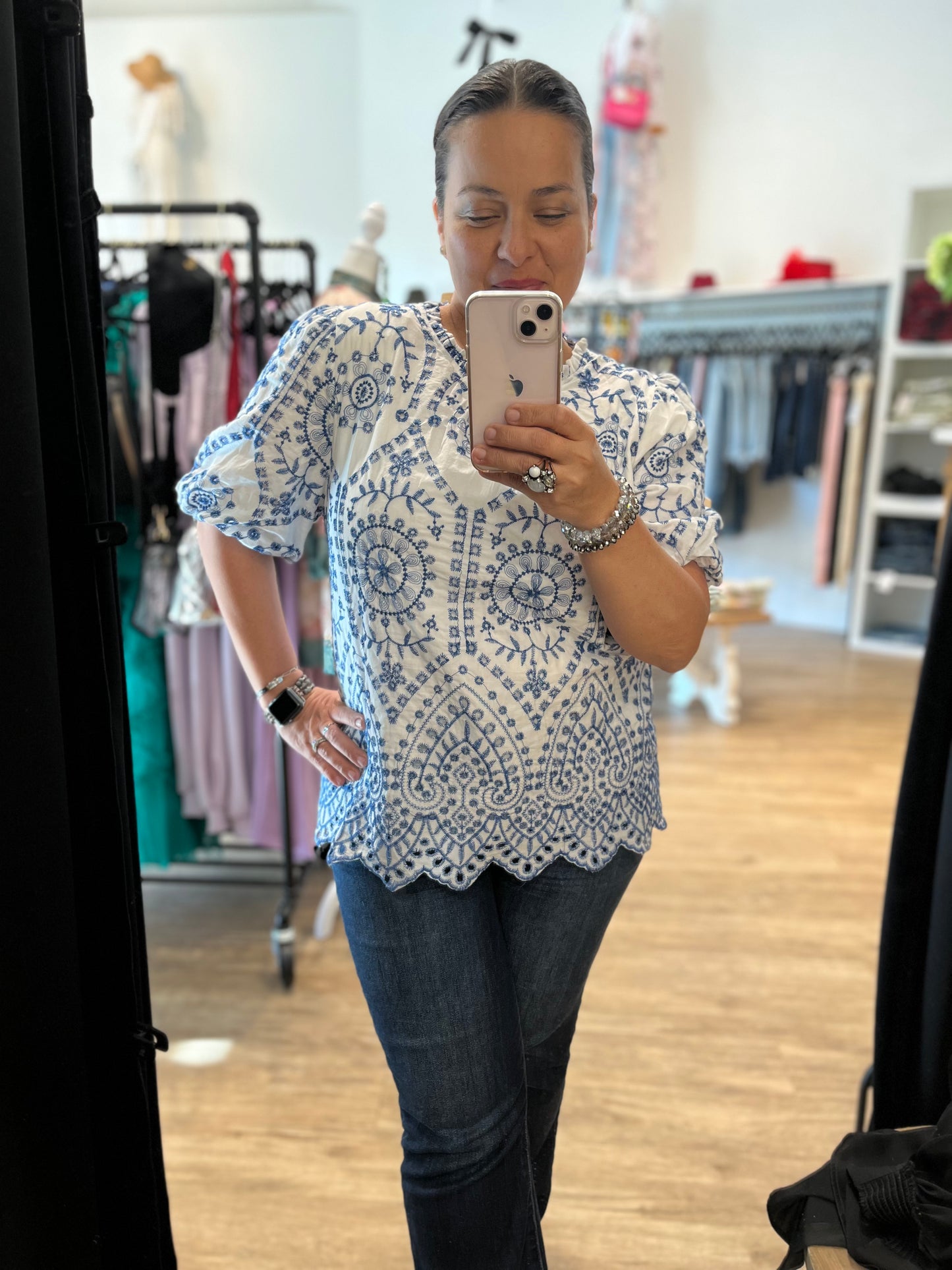 Embroidered White/Blue Top