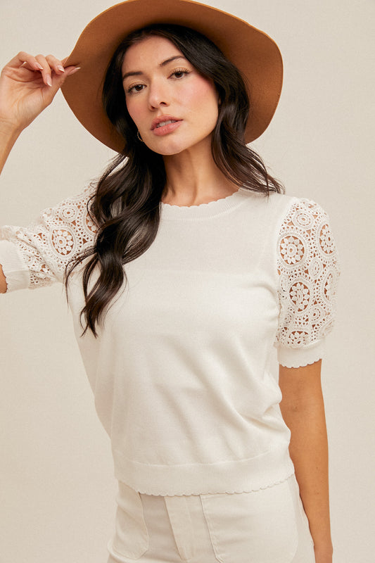 Ilene Sweater - Crochet Sleeve White