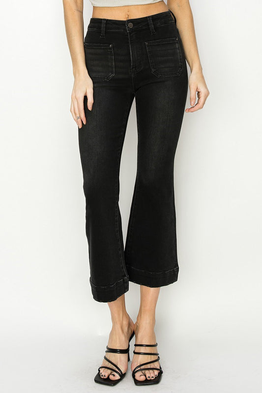 High Rise Crop Flare Patch Pocket Jeans - Black