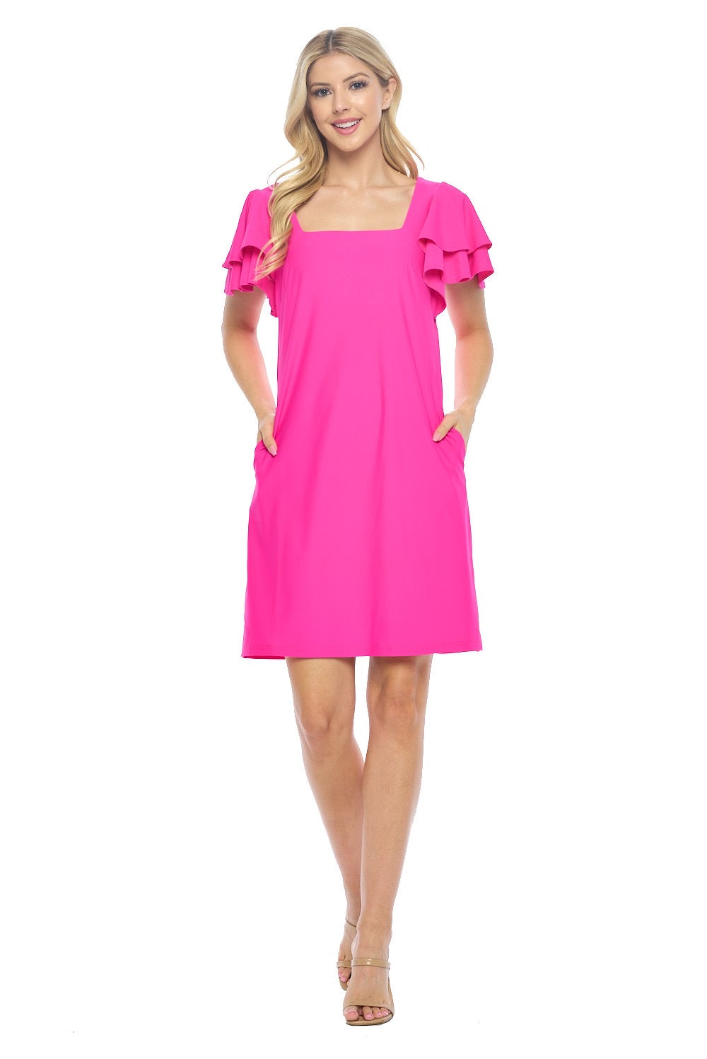 Pleated Cap Sleeve Dress- Solid Pink