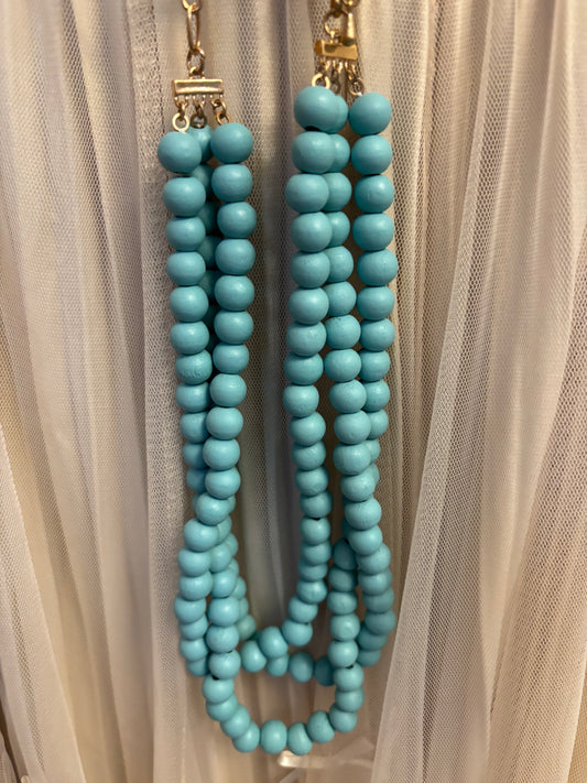 Wood Beaded Necklace - Turquoise