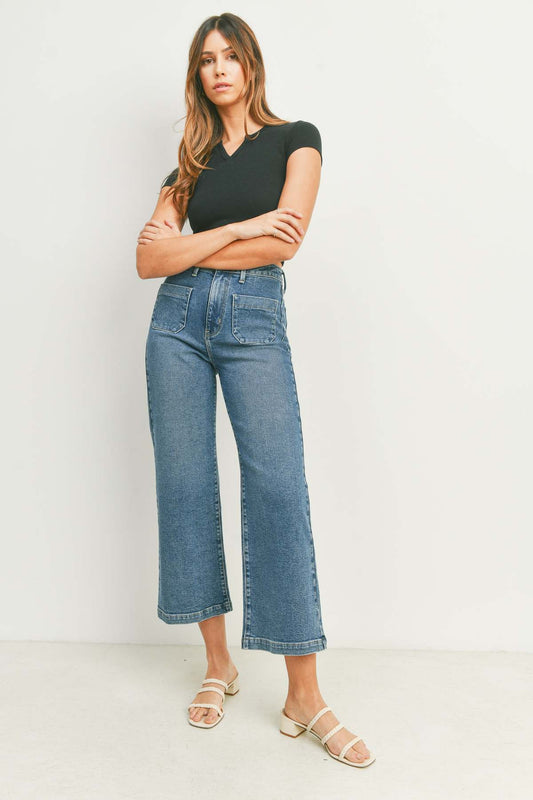 High Rise Patch Pocket Wide Leg-Medium Denim