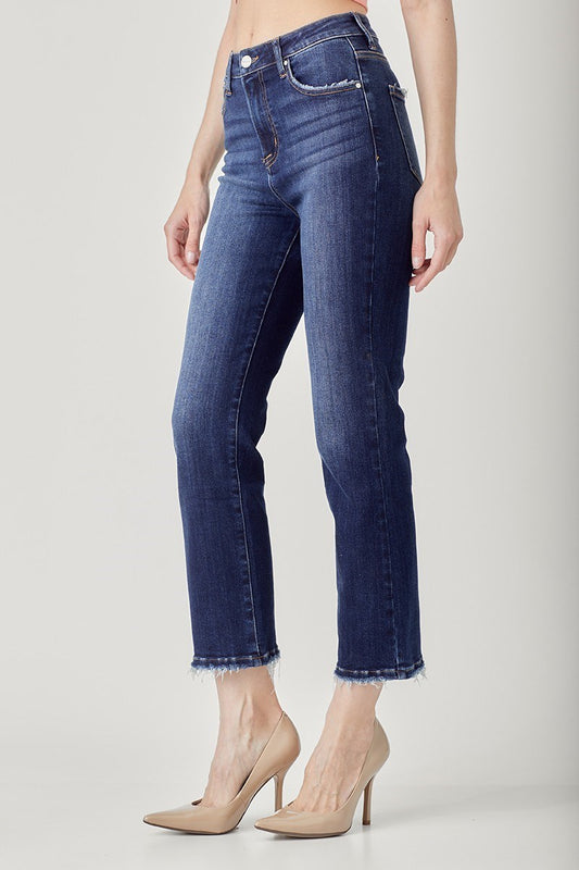 High Rise Crop Straight Jeans- Dark