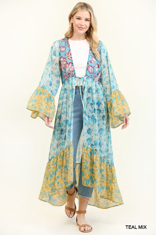 Floral Print Mixed Cardigan in Teal